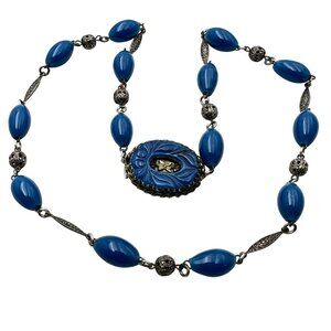 Antique Czech Art Deco Blue Glass Pendant Necklace Sterling Silver Hallmarked